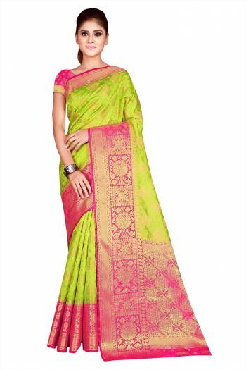 Celebrate This Festive Season In This Very Pretty Weaving Jacquard Designer Saree Paired With Contrasting Colored Blouse. This Saree and Blouse Are Nylon Silk Based Beautified Saree. 
