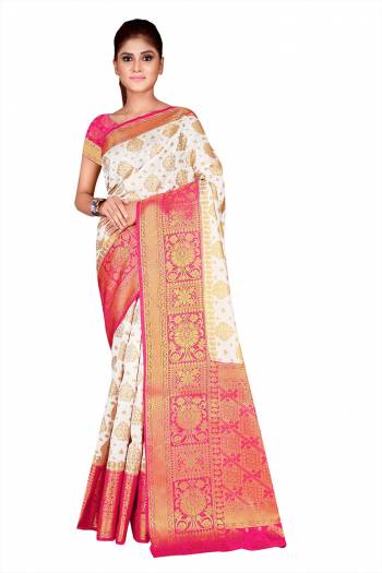 Celebrate This Festive Season In This Very Pretty Weaving Jacquard Designer Saree Paired With Contrasting Colored Blouse. This Saree and Blouse Are Nylon Silk Based Beautified Saree. 
