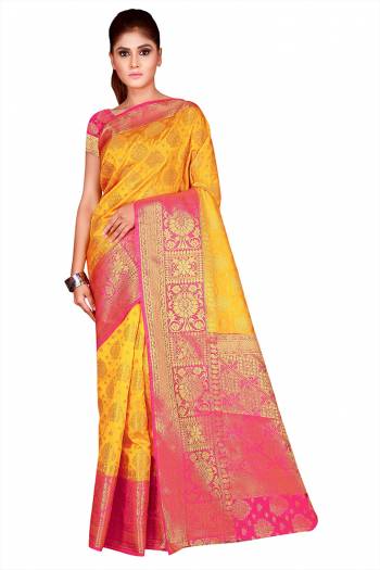 Celebrate This Festive Season In This Very Pretty Weaving Jacquard Designer Saree Paired With Contrasting Colored Blouse. This Saree and Blouse Are Nylon Silk Based Beautified Saree. 
