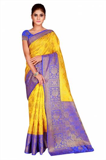 Celebrate This Festive Season In This Very Pretty Weaving Jacquard Designer Saree Paired With Contrasting Colored Blouse. This Saree and Blouse Are Nylon Silk Based Beautified Saree. 
