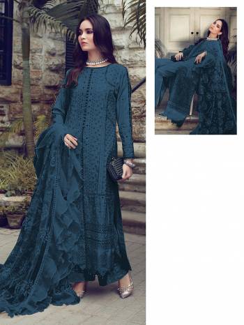 You Will Definitely Earn Lots Of Compliments Wearing This Designer Floor Length Suit In Nevy Blue Color. Its Pretty Top Is Cotton Based Paired With Cotton Bottom And Net Fabricated Dupatta. Its Pretty Color And Pattern Will Give You A Look Like Never Before.