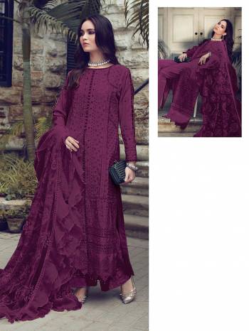 You Will Definitely Earn Lots Of Compliments Wearing This Designer Floor Length Suit In Wine Color. Its Pretty Top Is Cotton Based Paired With Cotton Bottom And Net Fabricated Dupatta. Its Pretty Color And Pattern Will Give You A Look Like Never Before.