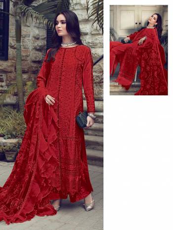 You Will Definitely Earn Lots Of Compliments Wearing This Designer Floor Length Suit In Red Color. Its Pretty Top Is Cotton Based Paired With Cotton Bottom And Net Fabricated Dupatta. Its Pretty Color And Pattern Will Give You A Look Like Never Before.