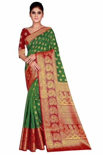 Look Attractive Wearing This Colored Saree Paired With Contrasted Colored Blouse.  This Heavy Weving Designer Saree Is Nylon Silk Based Which Gives A Rich Look To Your Personality. Buy This Pretty Saree Now.
