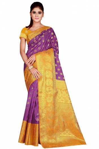 Look Attractive Wearing This Colored Saree Paired With Contrasted Colored Blouse.  This Heavy Weving Designer Saree Is Nylon Silk Based Which Gives A Rich Look To Your Personality. Buy This Pretty Saree Now.
