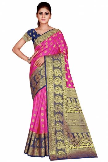 Look Attractive Wearing This Colored Saree Paired With Contrasted Colored Blouse.  This Heavy Weving Designer Saree Is Nylon Silk Based Which Gives A Rich Look To Your Personality. Buy This Pretty Saree Now.
