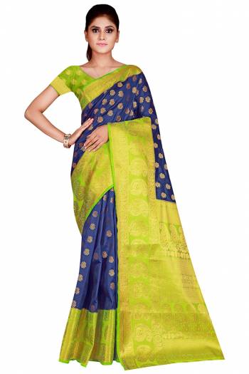 Look Attractive Wearing This Colored Saree Paired With Contrasted Colored Blouse.  This Heavy Weving Designer Saree Is Nylon Silk Based Which Gives A Rich Look To Your Personality. Buy This Pretty Saree Now.
