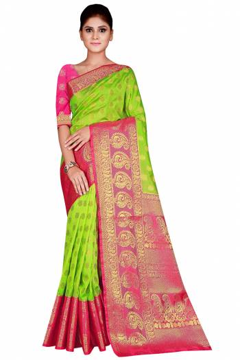 Look Attractive Wearing This Colored Saree Paired With Contrasted Colored Blouse.  This Heavy Weving Designer Saree Is Nylon Silk Based Which Gives A Rich Look To Your Personality. Buy This Pretty Saree Now.
