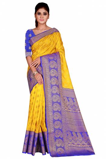 Look Attractive Wearing This Colored Saree Paired With Contrasted Colored Blouse.  This Heavy Weving Designer Saree Is Nylon Silk Based Which Gives A Rich Look To Your Personality. Buy This Pretty Saree Now.
