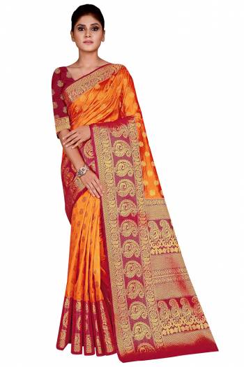 Look Attractive Wearing This Colored Saree Paired With Contrasted Colored Blouse.  This Heavy Weving Designer Saree Is Nylon Silk Based Which Gives A Rich Look To Your Personality. Buy This Pretty Saree Now.
