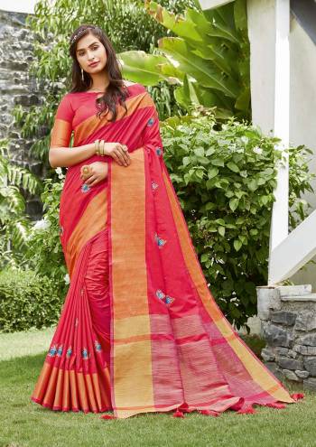 Celebrate This Festive Season In This Very Pretty Wevon Pallu Border Pink Colored Designer Saree Paired With Blouse. This Saree and Blouse Are Silk Based Beautified With Detailed Embroidery. 