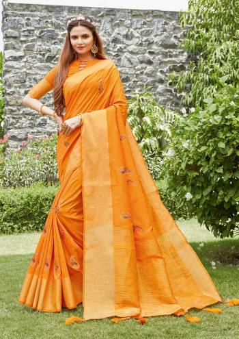 Celebrate This Festive Season In This Very Pretty Wevon Pallu Border Musturd Colored Designer Saree Paired With Blouse. This Saree and Blouse Are Silk Based Beautified With Detailed Embroidery. 