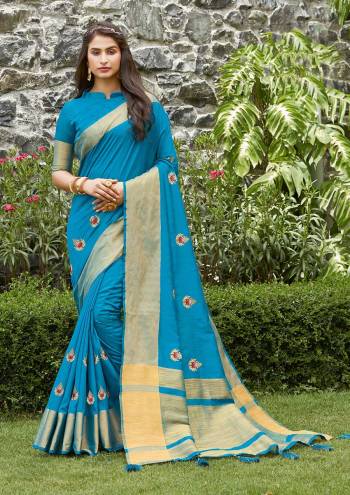 Celebrate This Festive Season In This Very Pretty Wevon Pallu Border Sky Blue Colored Designer Saree Paired With Blouse. This Saree and Blouse Are Silk Based Beautified With Detailed Embroidery. 