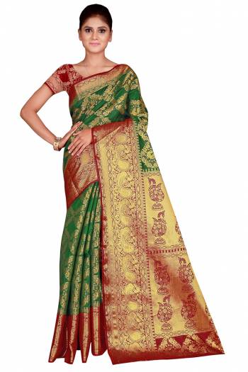 Celebration This Festive Season In This Very Pretty Weaving Jacquard Designer Saree Paired With Contrasting Colored Blouse. This Saree and Blouse Are Nylon Silk Based Beautified Saree. 
