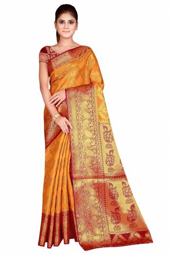 Celebration This Festive Season In This Very Pretty Weaving Jacquard Designer Saree Paired With Contrasting Colored Blouse. This Saree and Blouse Are Nylon Silk Based Beautified Saree. 
