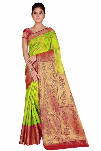 Celebration This Festive Season In This Very Pretty Weaving Jacquard Designer Saree Paired With Contrasting Colored Blouse. This Saree and Blouse Are Nylon Silk Based Beautified Saree. 
