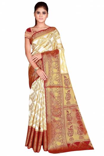 Celebration This Festive Season In This Very Pretty Weaving Jacquard Designer Saree Paired With Contrasting Colored Blouse. This Saree and Blouse Are Nylon Silk Based Beautified Saree. 
