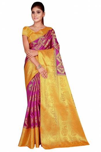 Celebration This Festive Season In This Very Pretty Weaving Jacquard Designer Saree Paired With Contrasting Colored Blouse. This Saree and Blouse Are Nylon Silk Based Beautified Saree. 
