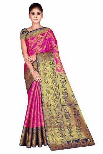 Celebration This Festive Season In This Very Pretty Weaving Jacquard Designer Saree Paired With Contrasting Colored Blouse. This Saree and Blouse Are Nylon Silk Based Beautified Saree. 
