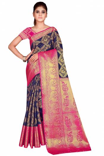 Celebration This Festive Season In This Very Pretty Weaving Jacquard Designer Saree Paired With Contrasting Colored Blouse. This Saree and Blouse Are Nylon Silk Based Beautified Saree. 
