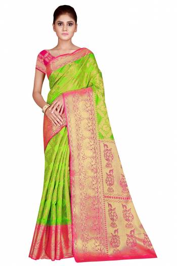 Celebration This Festive Season In This Very Pretty Weaving Jacquard Designer Saree Paired With Contrasting Colored Blouse. This Saree and Blouse Are Nylon Silk Based Beautified Saree. 
