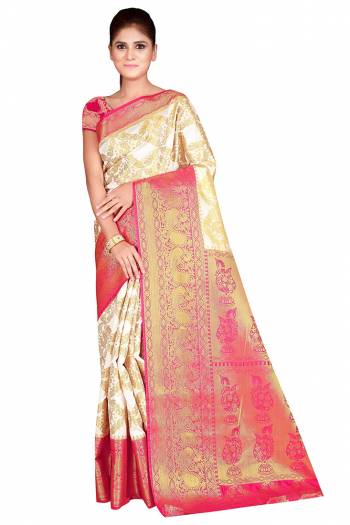 Celebration This Festive Season In This Very Pretty Weaving Jacquard Designer Saree Paired With Contrasting Colored Blouse. This Saree and Blouse Are Nylon Silk Based Beautified Saree. 
