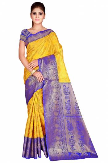 Celebration This Festive Season In This Very Pretty Weaving Jacquard Designer Saree Paired With Contrasting Colored Blouse. This Saree and Blouse Are Nylon Silk Based Beautified Saree. 
