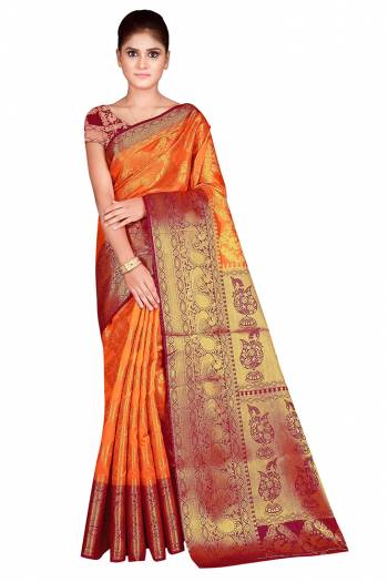 Celebration This Festive Season In This Very Pretty Weaving Jacquard Designer Saree Paired With Contrasting Colored Blouse. This Saree and Blouse Are Nylon Silk Based Beautified Saree. 
