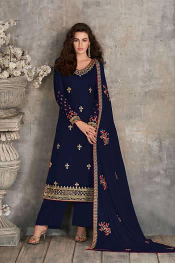 Rich And Elegant Looking Pakistani Style Straight Suits Is Here In Nevy Blue Color. Its Blouse,  Top And Dupatta Are Fabricated On Rangoli Georgette Based Paired With Santoon Fabricated Bottom With Heavy Embroidery Work.