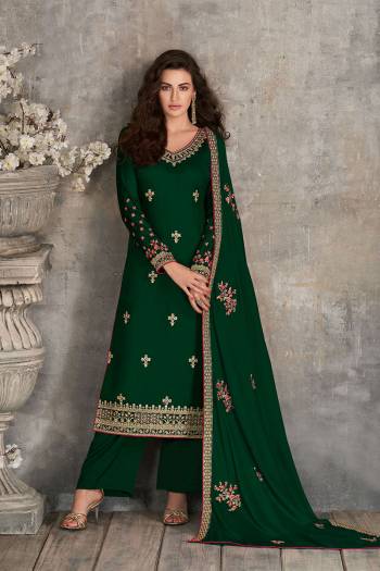 Rich And Elegant Looking Pakistani Style Straight Suits Is Here In Green Color. Its Blouse,  Top And Dupatta Are Fabricated On Rangoli Georgette Based Paired With Santoon Fabricated Bottom With Heavy Embroidery Work.