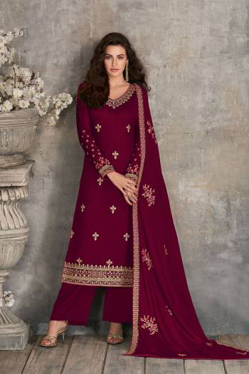 Rich And Elegant Looking Pakistani Style Straight Suits Is Here In Maroon Color. Its Blouse,  Top And Dupatta Are Fabricated On Rangoli Georgette Based Paired With Santoon Fabricated Bottom With Heavy Embroidery Work.