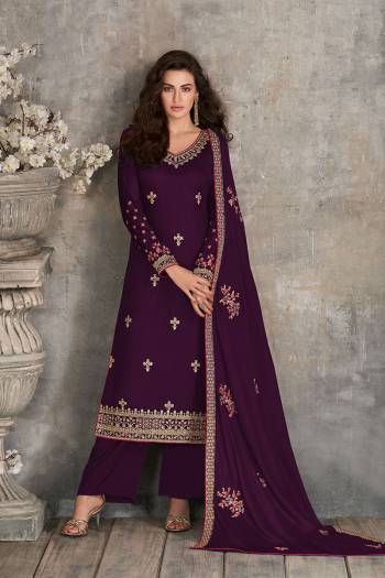 Rich And Elegant Looking Pakistani Style Straight Suits Is Here In Purple Color. Its Blouse,  Top And Dupatta Are Fabricated On Rangoli Georgette Based Paired With Santoon Fabricated Bottom With Heavy Embroidery Work.