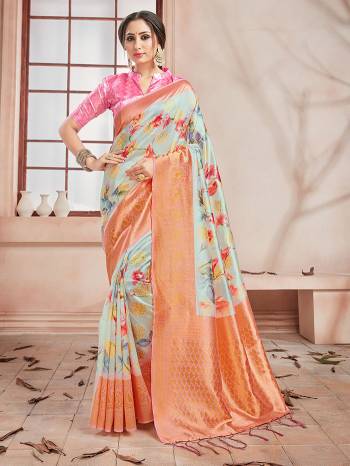 Celebrate This Festive Season In This Very Pretty Fine Colored Designer Saree Paired With Contrasting Colored Blouse. This Saree and Blouse Are Banarasi Silk Based Beautified With Detailed Wevon Border Pallu With Digital Print. 