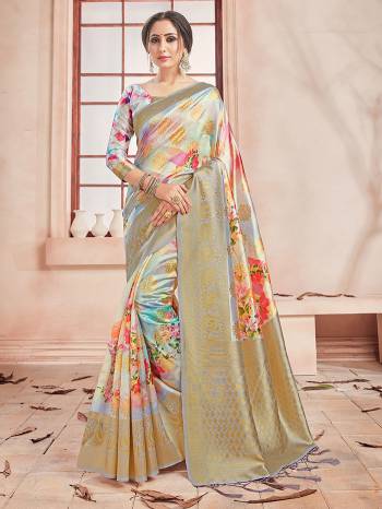 Celebrate This Festive Season In This Very Pretty Fine Colored Designer Saree Paired With Contrasting Colored Blouse. This Saree and Blouse Are Banarasi Silk Based Beautified With Detailed Wevon Border Pallu With Digital Print. 