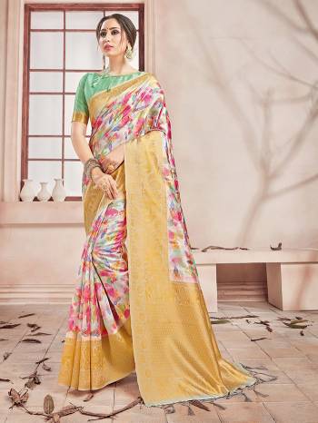 Celebrate This Festive Season In This Very Pretty Fine Colored Designer Saree Paired With Contrasting Colored Blouse. This Saree and Blouse Are Banarasi Silk Based Beautified With Detailed Wevon Border Pallu With Digital Print. 