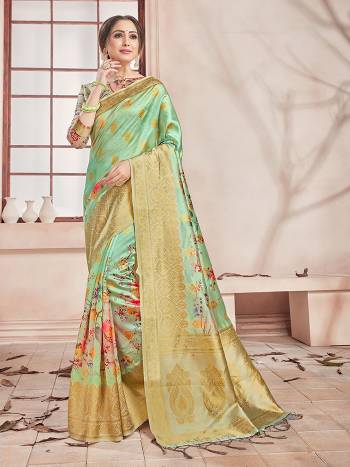 Celebrate This Festive Season In This Very Pretty Fine Colored Designer Saree Paired With Contrasting Colored Blouse. This Saree and Blouse Are Banarasi Silk Based Beautified With Detailed Wevon Border Pallu With Digital Print. 