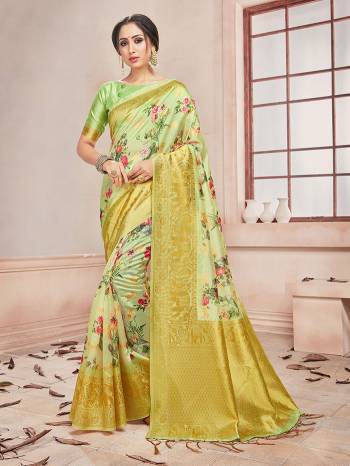 Celebrate This Festive Season In This Very Pretty Fine Colored Designer Saree Paired With Contrasting Colored Blouse. This Saree and Blouse Are Banarasi Silk Based Beautified With Detailed Wevon Border Pallu With Digital Print. 