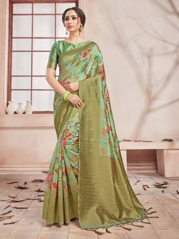 Celebrate This Festive Season In This Very Pretty Fine Colored Designer Saree Paired With Contrasting Colored Blouse. This Saree and Blouse Are Banarasi Silk Based Beautified With Detailed Wevon Border Pallu With Digital Print. 