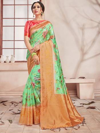 Celebrate This Festive Season In This Very Pretty Fine Colored Designer Saree Paired With Contrasting Colored Blouse. This Saree and Blouse Are Banarasi Silk Based Beautified With Detailed Wevon Border Pallu With Digital Print. 