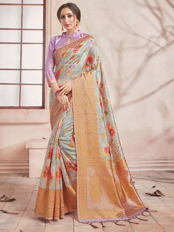 Celebrate This Festive Season In This Very Pretty Fine Colored Designer Saree Paired With Contrasting Colored Blouse. This Saree and Blouse Are Banarasi Silk Based Beautified With Detailed Wevon Border Pallu With Digital Print. 