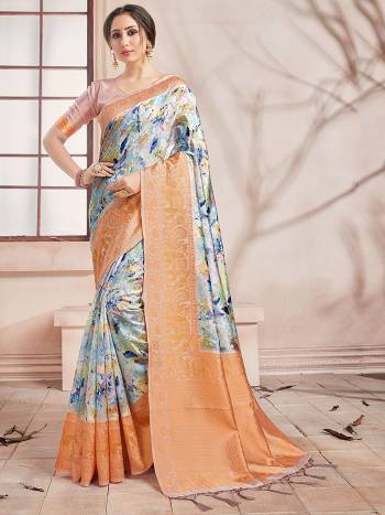 Celebrate This Festive Season In This Very Pretty Fine Colored Designer Saree Paired With Contrasting Colored Blouse. This Saree and Blouse Are Banarasi Silk Based Beautified With Detailed Wevon Border Pallu With Digital Print. 