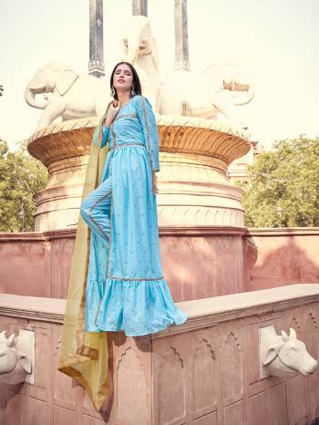 Rich And Elegant Looking Straight Suits Is Here In Blue Color. Its Top And Bottom Are Fabricated On Crape Based Paired With Art Silk Fabricated Dupatta With Heavy Jari And Sequance Embroidery Work.