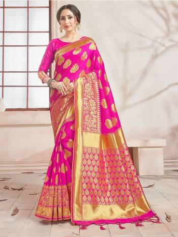 The Pretty Angelic Look Wearing This Heavy Designer Wevon Saree In Pink Color Paired With Blouse. This Saree Is Fabricated On Banarasi Silk Paired With Banarasi Silk Fabricated Blouse. Its Pretty Color Pallete Will Give An Attractive Look To Your Personality. 