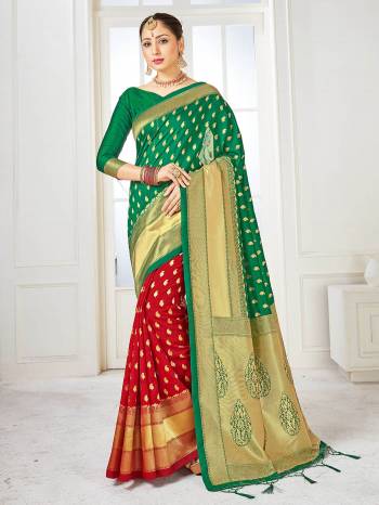 Celebrate This Festive Season In This Very Pretty Green Colored Designer Saree Paired With Blouse. This Saree and Blouse Are Banarasi Silk Based Beautified With Detailed Wevon Designer Half Half Saree. 