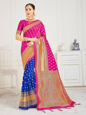 Celebrate This Festive Season In This Very Pretty Pink Colored Designer Saree Paired With Blouse. This Saree and Blouse Are Banarasi Silk Based Beautified With Detailed Wevon Designer Half Half Saree. 