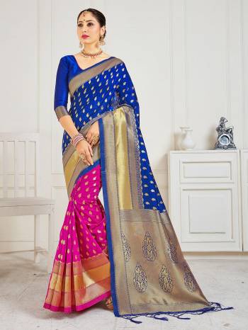 Celebrate This Festive Season In This Very Pretty Blue Colored Designer Saree Paired With Blouse. This Saree and Blouse Are Banarasi Silk Based Beautified With Detailed Wevon Designer Half Half Saree. 