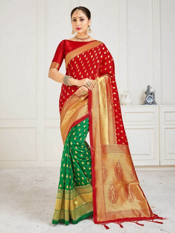 Celebrate This Festive Season In This Very Pretty Red Colored Designer Saree Paired With Blouse. This Saree and Blouse Are Banarasi Silk Based Beautified With Detailed Wevon Designer Half Half Saree. 