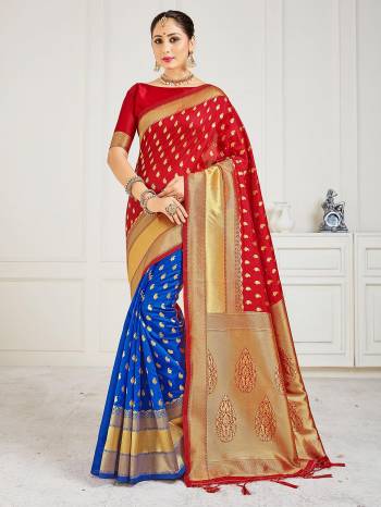 Celebrate This Festive Season In This Very Pretty Red Colored Designer Saree Paired With Blouse. This Saree and Blouse Are Banarasi Silk Based Beautified With Detailed Wevon Designer Half Half Saree. 