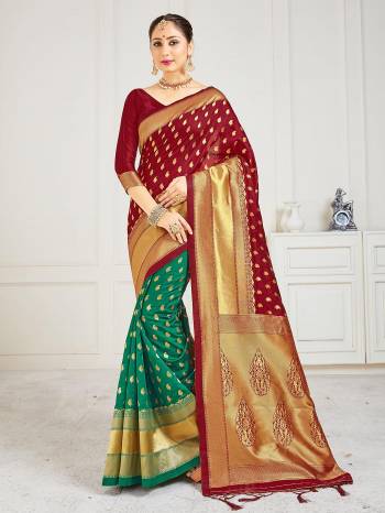 Celebrate This Festive Season In This Very Pretty Maroon Colored Designer Saree Paired With Blouse. This Saree and Blouse Are Banarasi Silk Based Beautified With Detailed Wevon Designer Half Half Saree. 