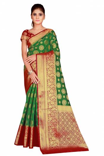 This Festive Season In This Very Pretty Weaving Jacquard Designer Saree Paired With Contrasting Colored Blouse. This Saree and Blouse Are Nylon Silk Based Beautified Saree. 
